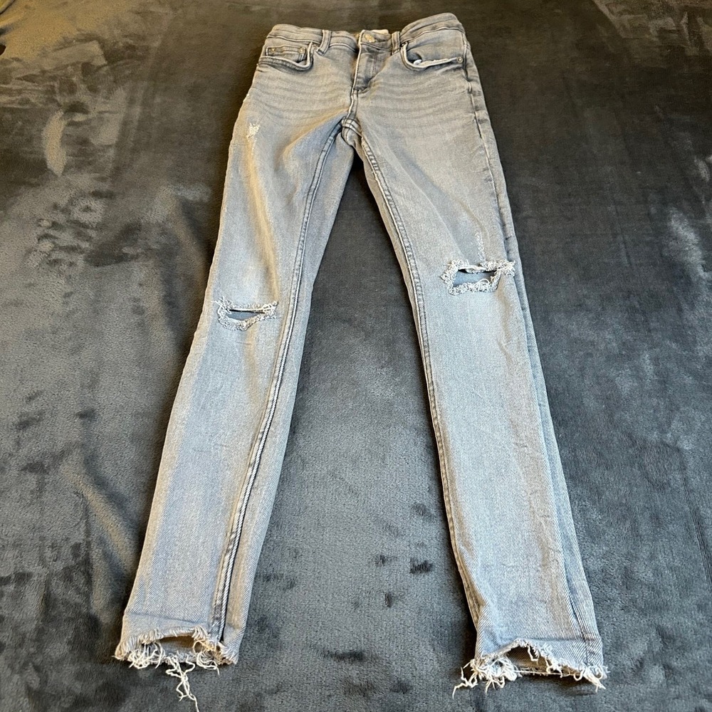 Zara Skinny Distressed Jeans Womens 2 Blue Ripped Knee Raw Hem Stretch